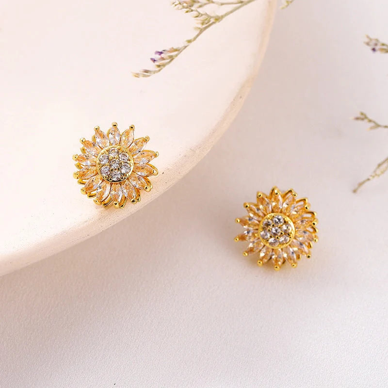 Sunflower-themed stainless steel jewellery set with zircon accents, including necklace, earrings, and ring