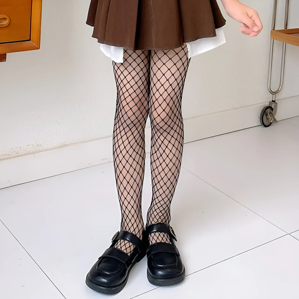 Women's mesh stockings showing large, medium and small mesh patterns in black and white