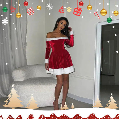Women's Santa Dress with plush trim and off-shoulder sleeve for festive parties