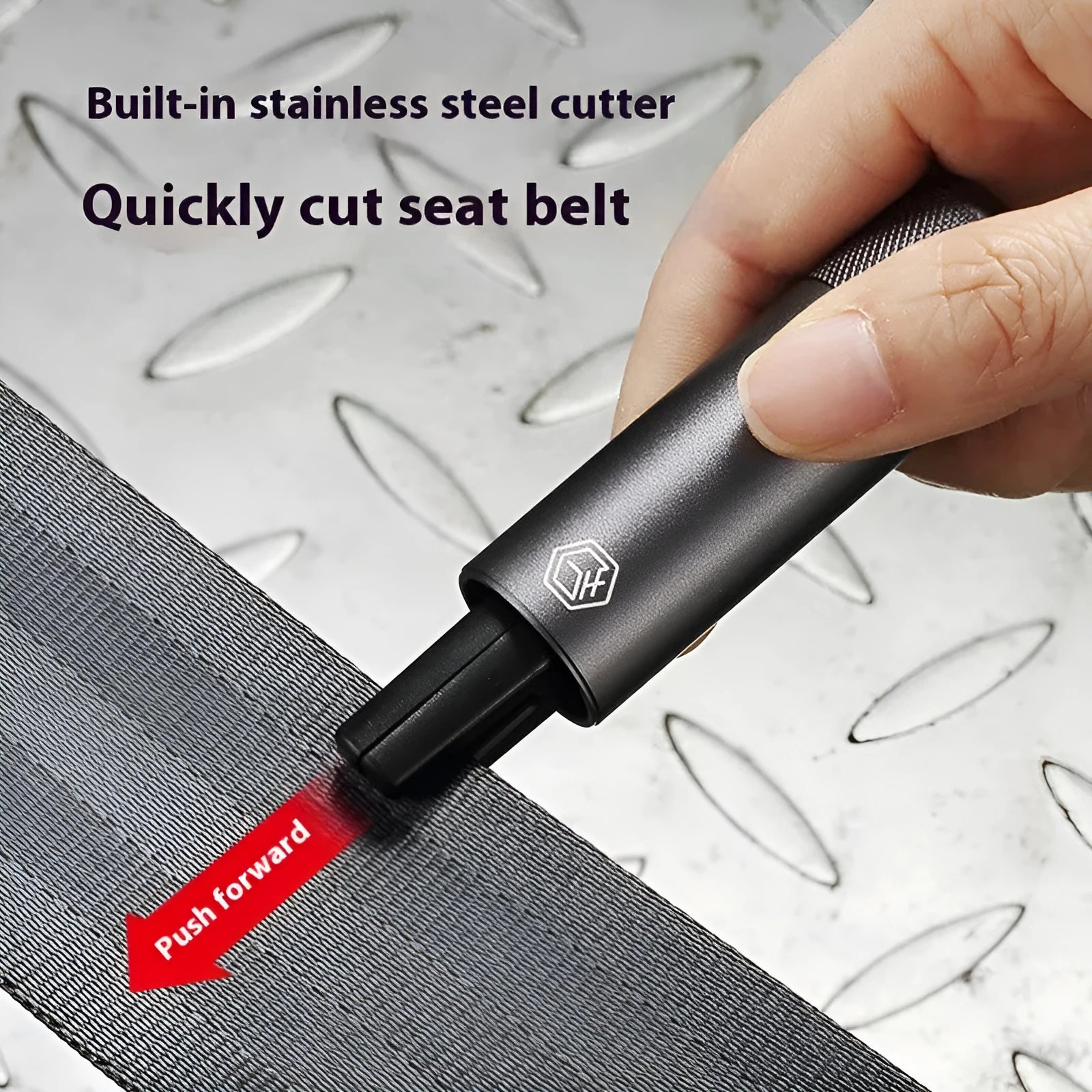 Gun grey aluminium alloy automobile safety hammer with steel impact head, shown with test glass and rubber mount.