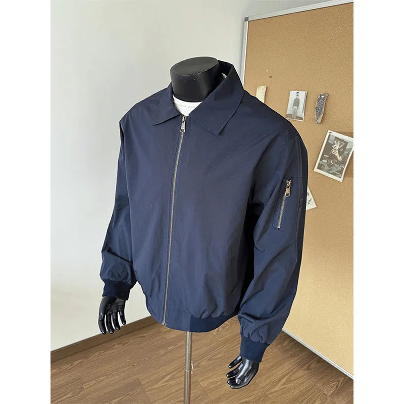 Navy blue short baseball uniform jacket for teenagers loose fit front view