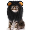 Pet cat wearing lion mane headgear wig hat in black colour for funny costume dress up