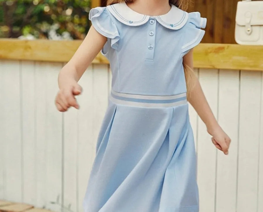 Blue girls polo dress in A-line style for summer, child sizes 110cm to 160cm, front view