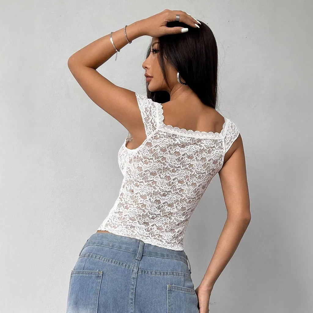 White lace V-neck see-through slim-fit short crop top with geometric pattern