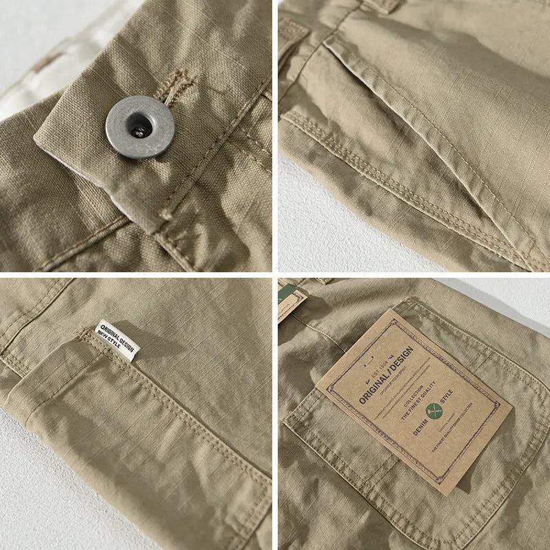 Men's straight-leg cotton trousers in apricot, shown laid flat to display the mid-waist and classic cut.
