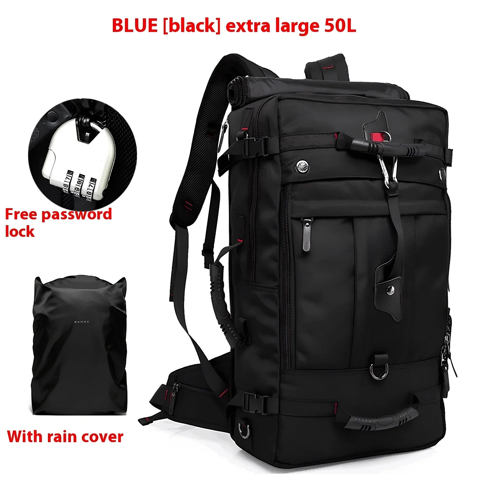 Multifunctional travel bag with multiple compartments in black, green, or blue colours showing 40L and 50L size options