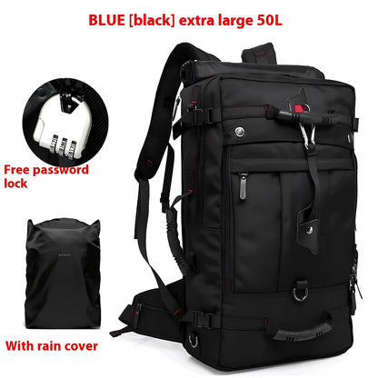 Multifunctional travel bag with multiple compartments in black, green, or blue colours showing 40L and 50L size options
