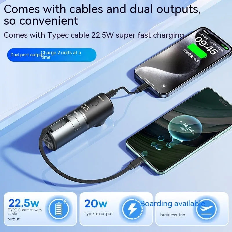 20W fast charge mobile power supply with built-in cable, 5000mAh, ABS PC, compact 150x75x46mm