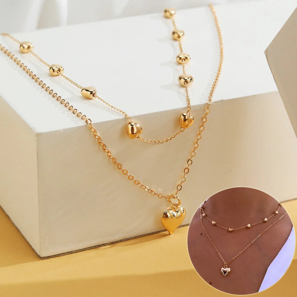 Double-layer heart pendant fine chain necklace in gold colour with adjustable length