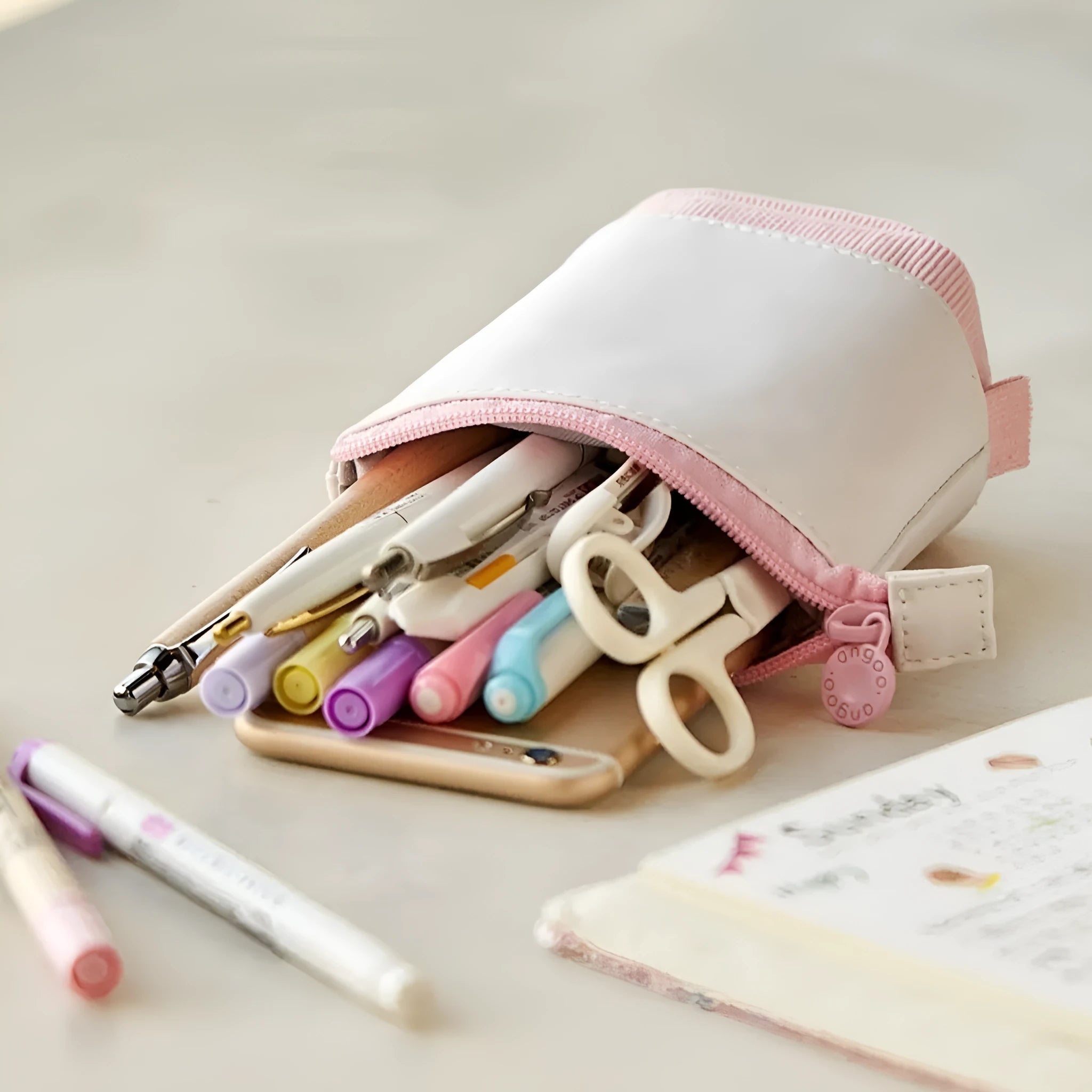 Drop-down telescopic stationery case in Korean style, shown in multiple PU corduroy colours.