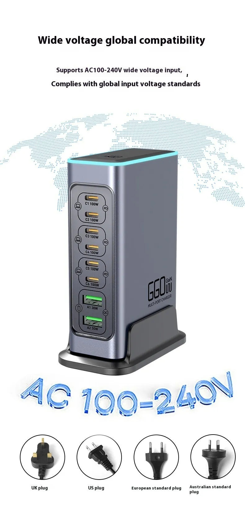 660W gallium nitride desktop charger with multiple ports for charging phones and tablets