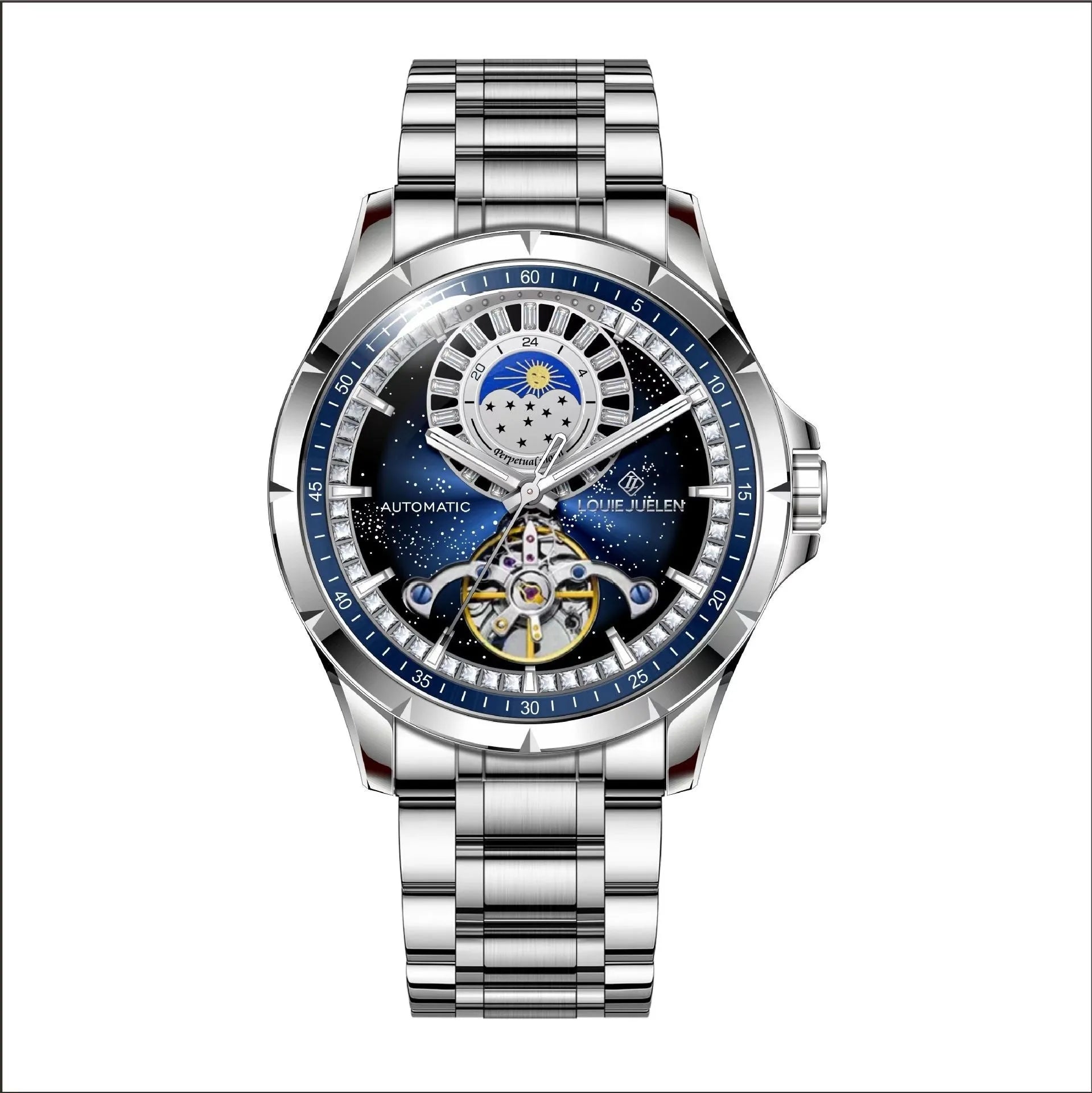 Men's silver and blue automatic mechanical watch with stainless steel strap on wrist