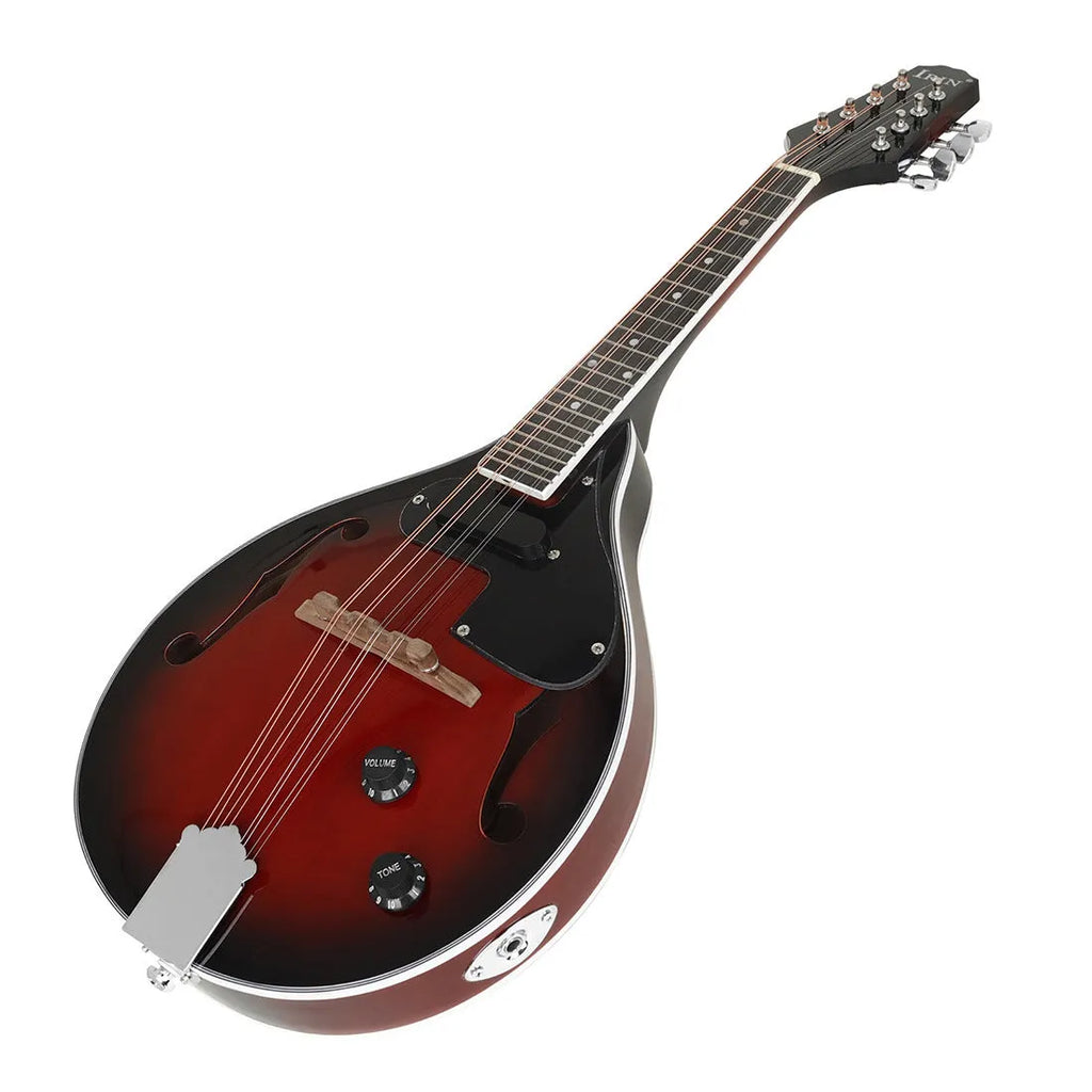 Red black edge electric sound mandolin with eight strings and included accessories