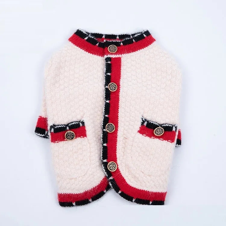Blue wool pet cardigan with princess collar design shown on a dog model