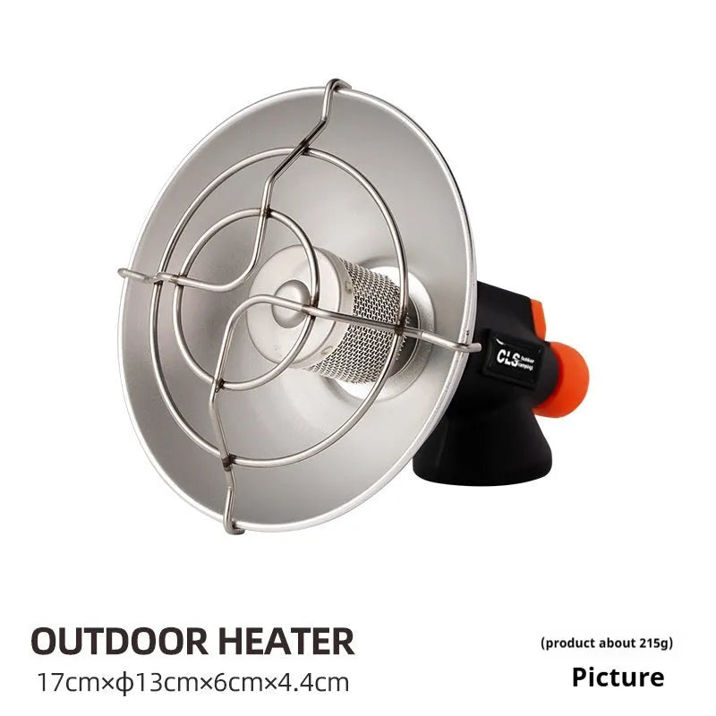 Black and orange portable outdoor gas heating stove with piezo ignition on a table