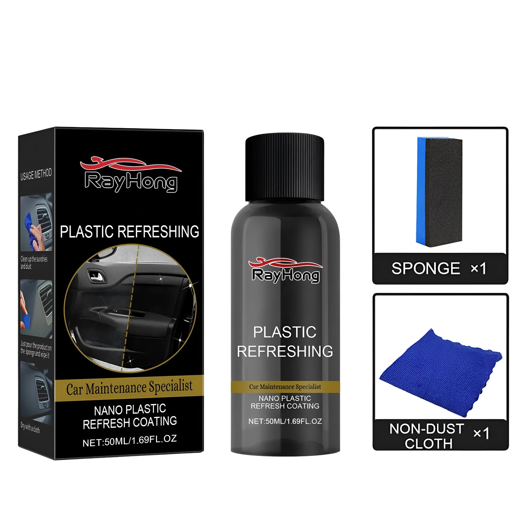 Nano plastic repair coating kit with bottle, sponge applicator, and microfiber towel for car scratches