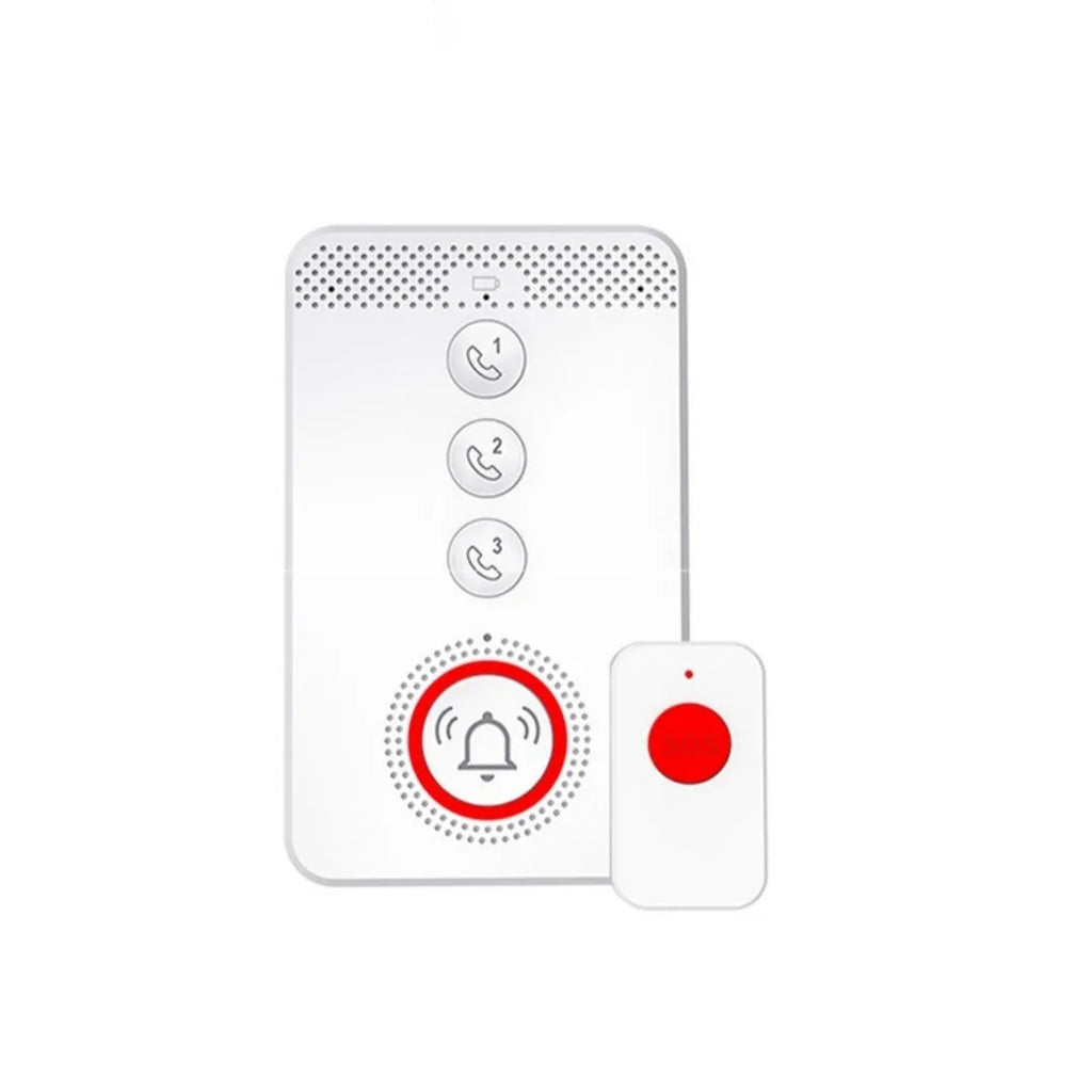 White emergency alert device with buzzer unit and three wireless emergency buttons for elderly care
