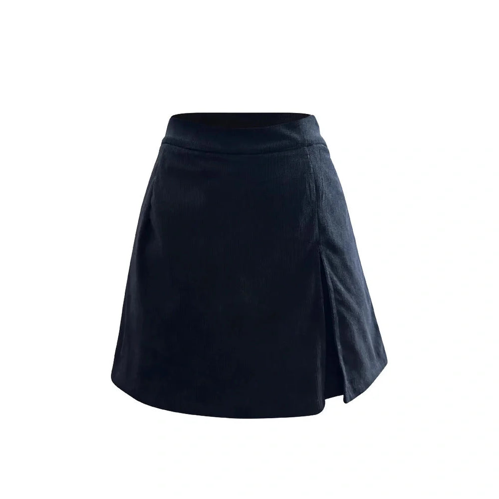 Army green corduroy pantskirt with elastic waistband showing fifth pants length measurement