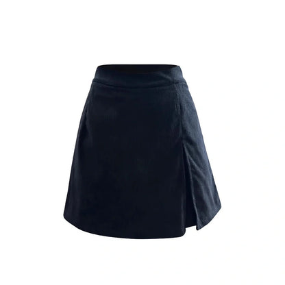 Army green corduroy pantskirt with elastic waistband showing fifth pants length measurement