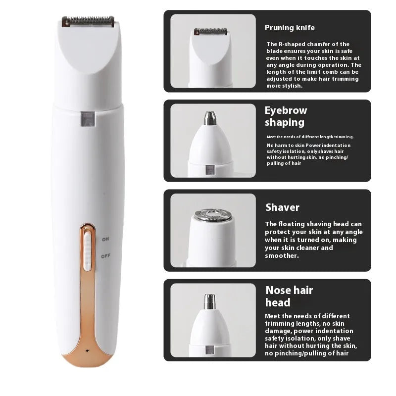 Women's four-in-one electric multifunctional shaver in white gold with ABS body and stainless steel cutter head
