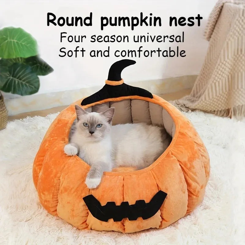 Halloween pumpkin cat bed with cartoon devil design in plush fabric for cats and small dogs