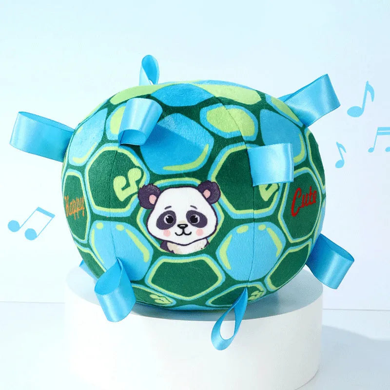 Green plush ball dog toy with a fabric handle, shown next to a yellow and a watermelon-coloured version.