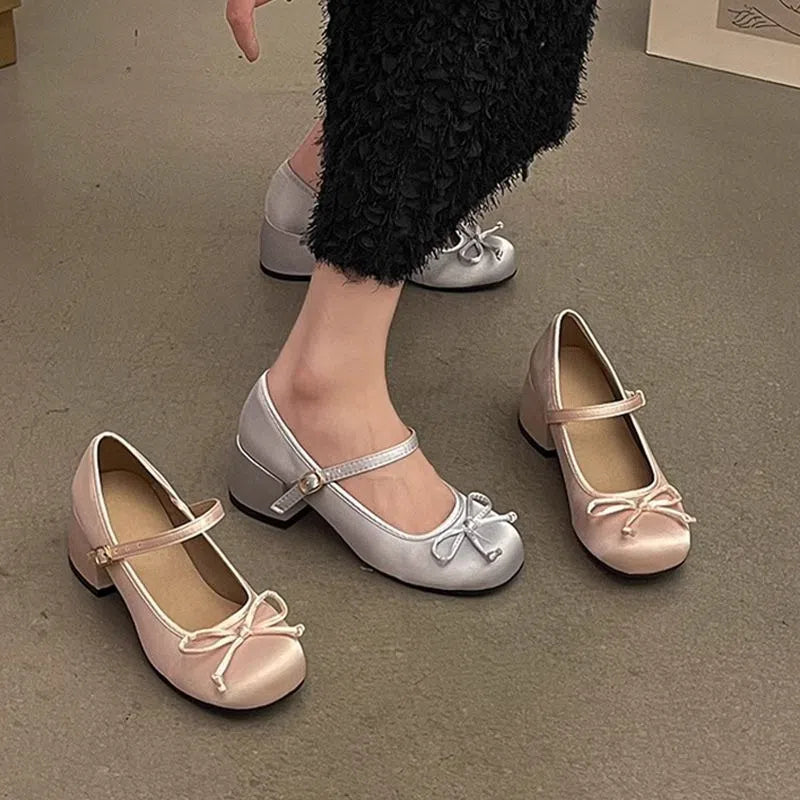 Mary Jane shoes for women with chunky heel round toe buckle strap in pink