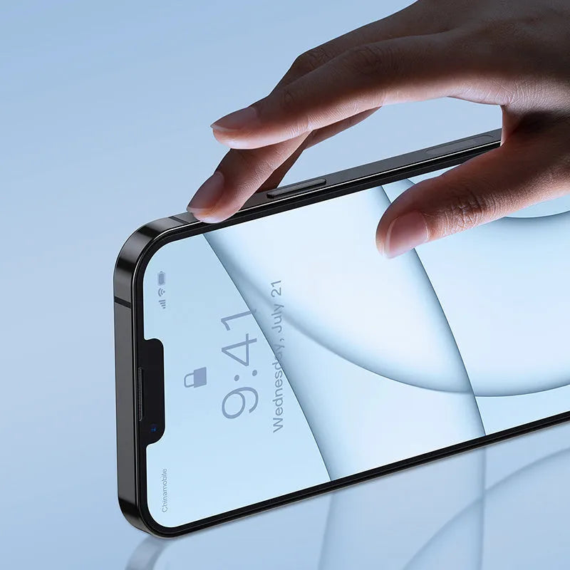 Transparent tempered glass screen protector for iPhone 13 5.4 inch model with cleaning bag and fitting artefact