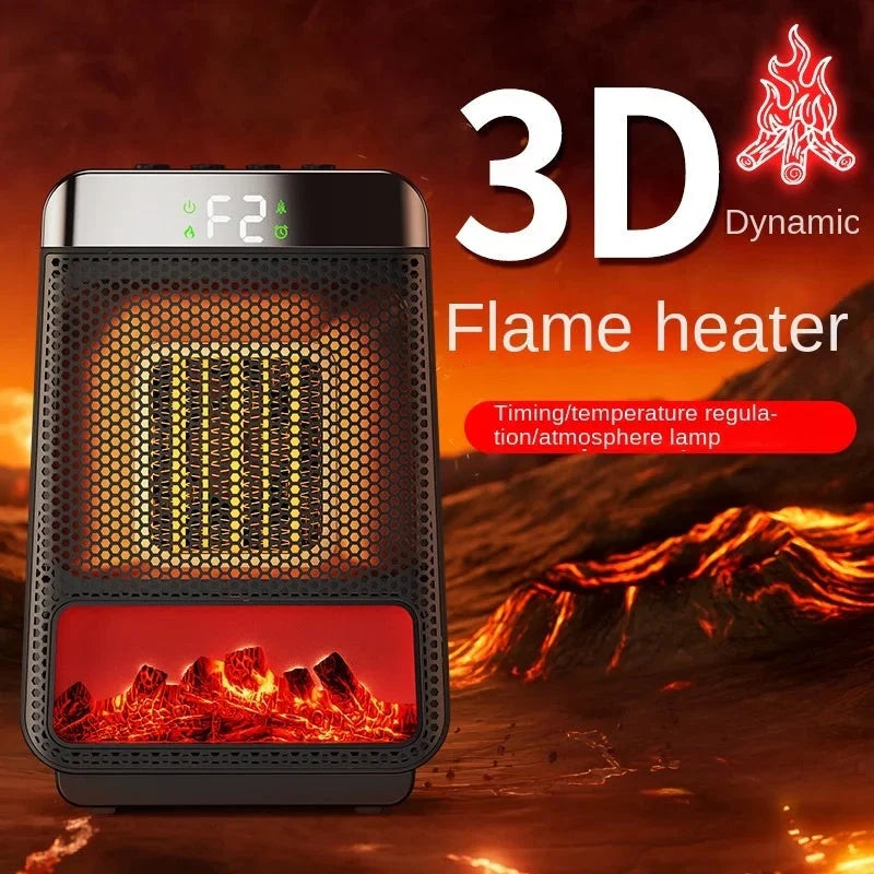 Portable 1500W PTC fan heater with 3D dynamic flame effect in black