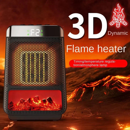 Portable 1500W PTC fan heater with 3D dynamic flame effect in black