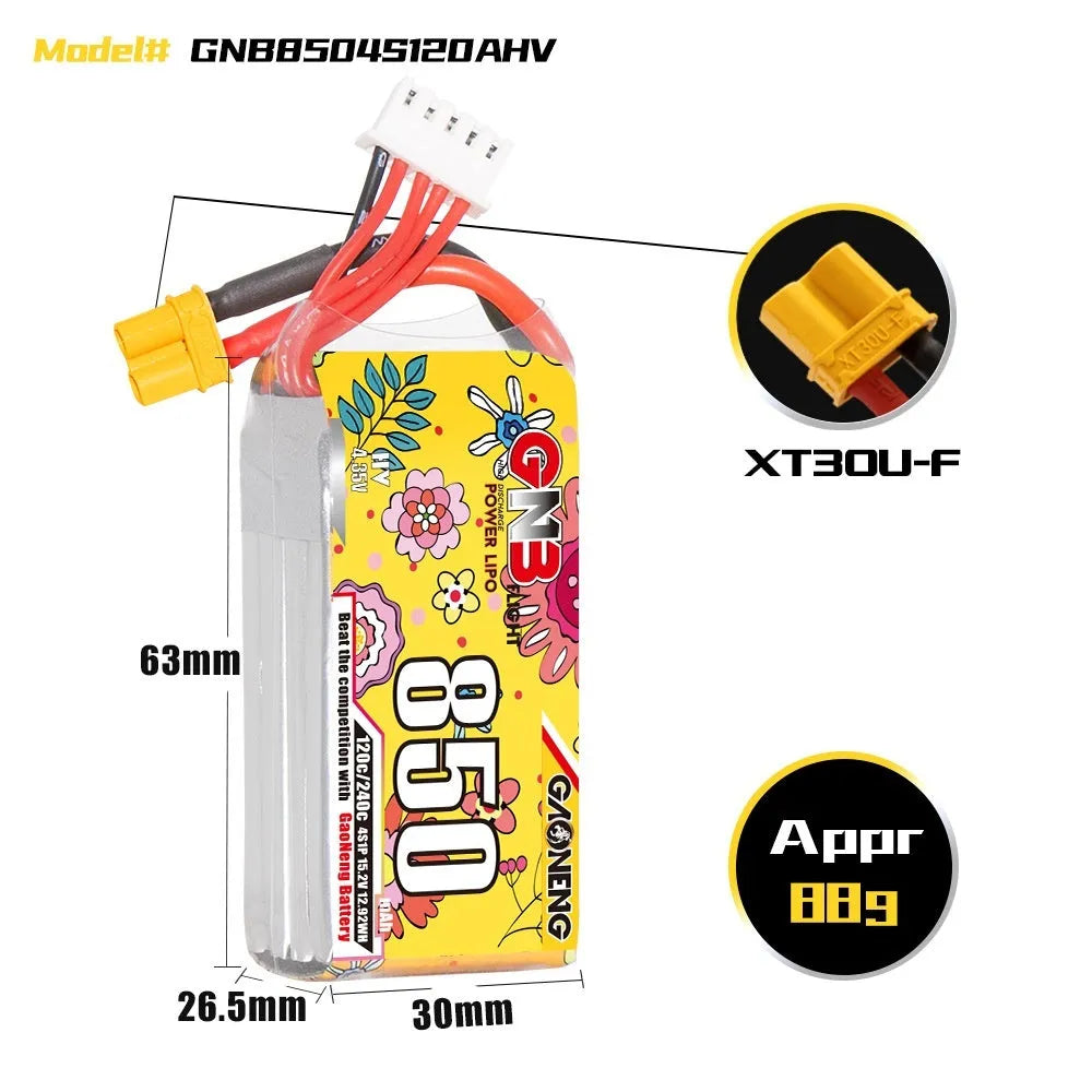 GNB 850mAh 4S 15.2V 120C LiPo battery pack with XT30 connector, 26.5x30x63mm, for RC model airplane