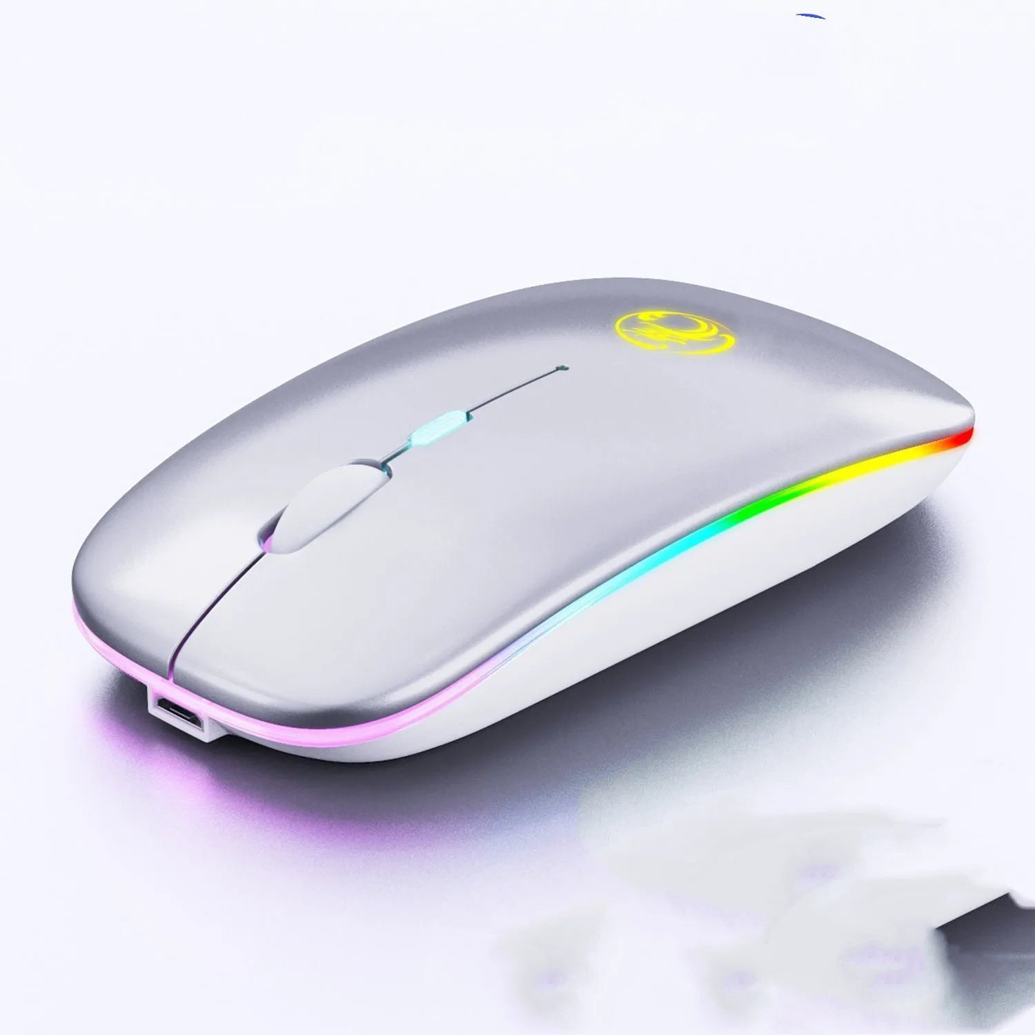 Black and white luminous charging Bluetooth dual-mode wireless silent mouse on a desk.