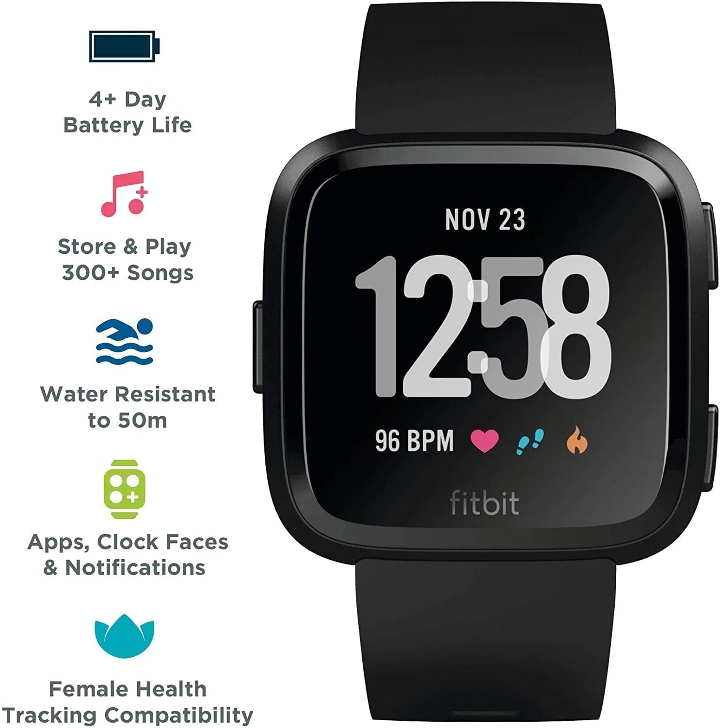 Black smart watch with heart rate monitoring on a silicone wrist strap