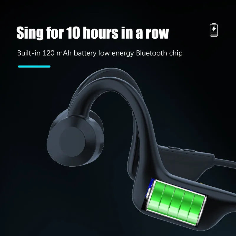 Black wireless sports headset with hanging ear design and voice control functionality
