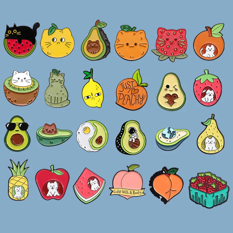 Colourful cartoon fruit and letter design metal brooch with pin fastener.