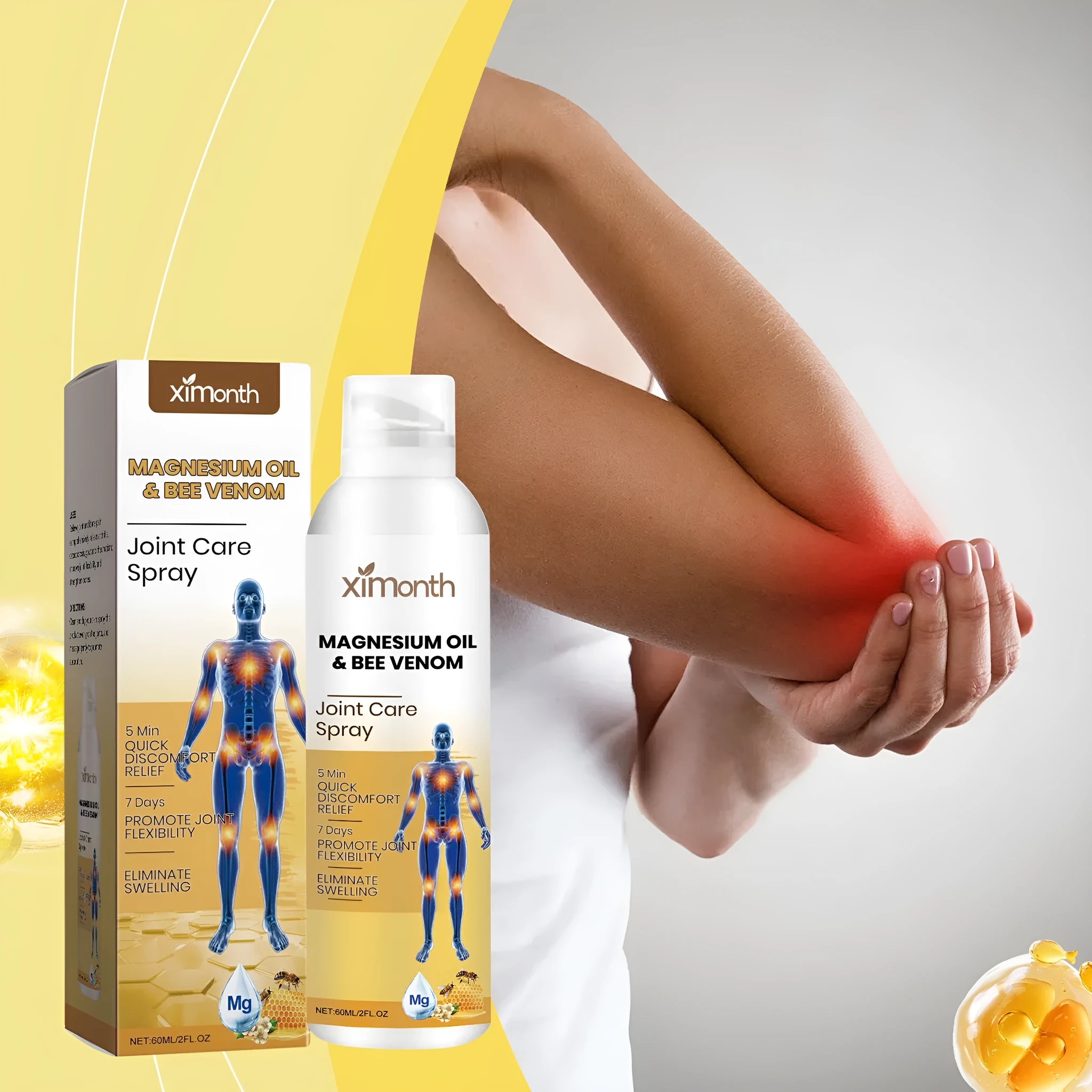 60ml bottle of joint care spray with menthol, coconut oil, and bee venom for topical use.