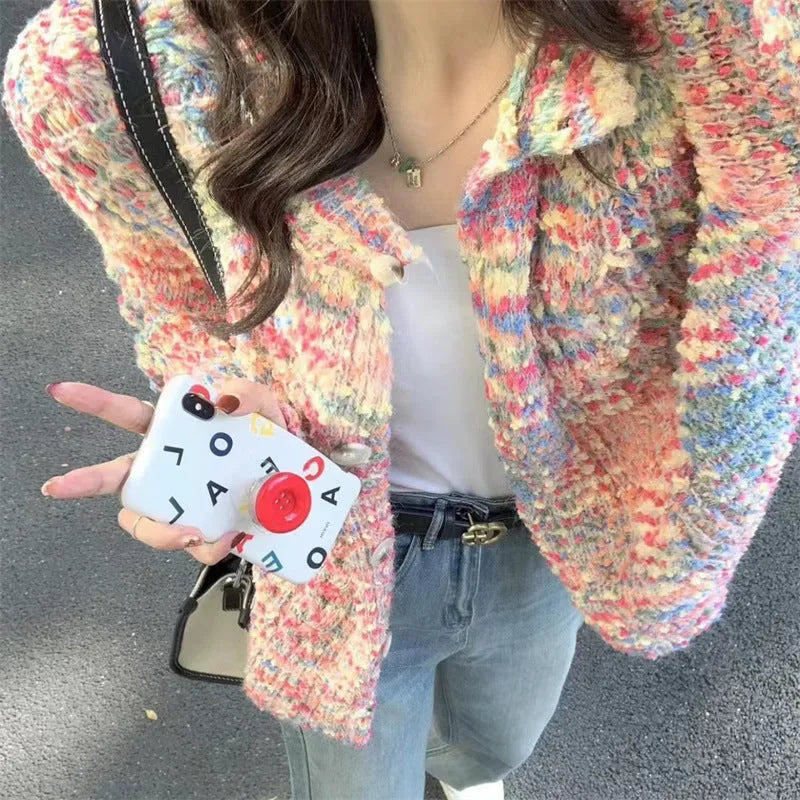 Retro rainbow knitted cardigan in toothbrush hair fabric with ice cream pink and green colour options
