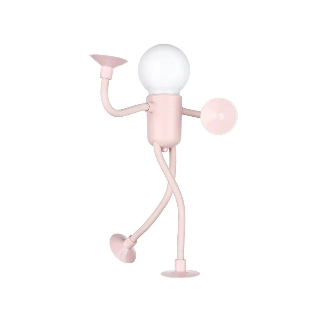 Versatile posable sports lamp with flexible design and vacuum suction base, available in beige, pink, blue, and black colors