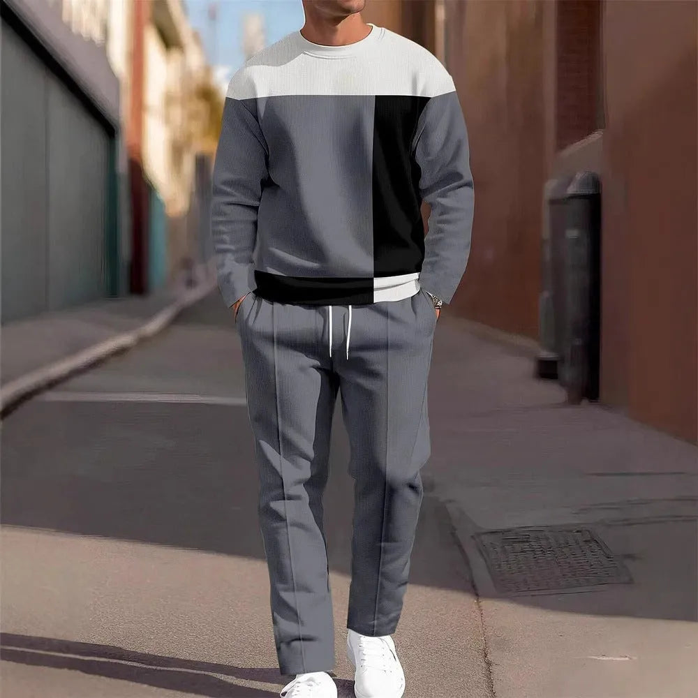 Men's casual sporty round neck sweatshirt and pants two-piece set in polyester blend, no hood, spring autumn wear