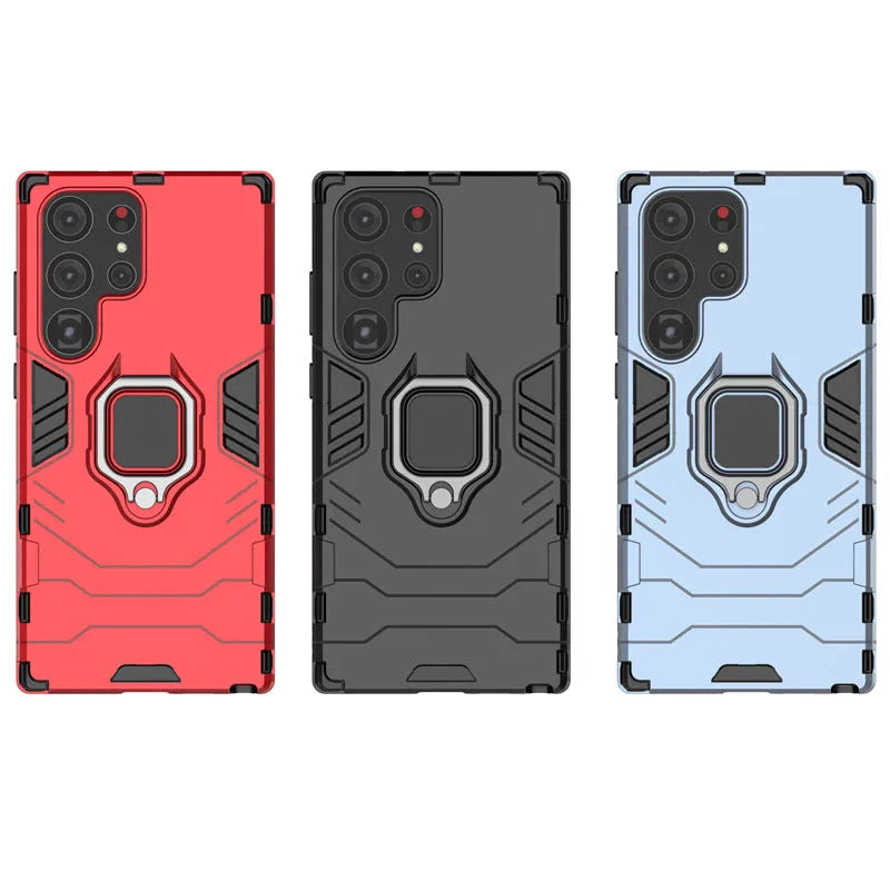 Black TPU PC phone case for Samsung Galaxy with kickstand bracket standing on a table
