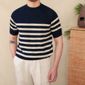 Linen and cotton blend striped t-shirt in navy blue colour with short sleeves and round neck