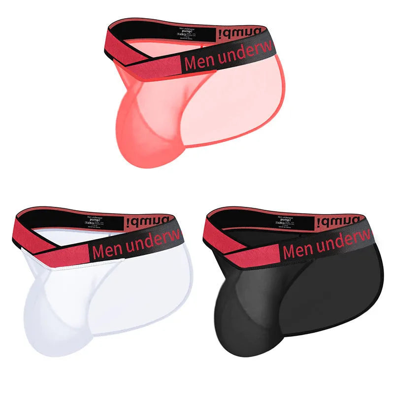 Men's transparent ice silk underwear with V gradient front design in black, red, and white colours
