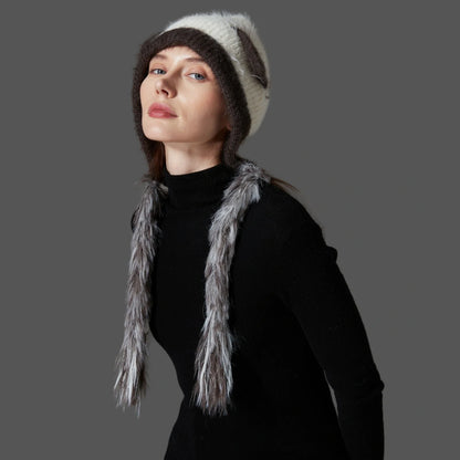 Cat ears mink wool knitted hat in white with tassel detail, 29x23cm dimensions