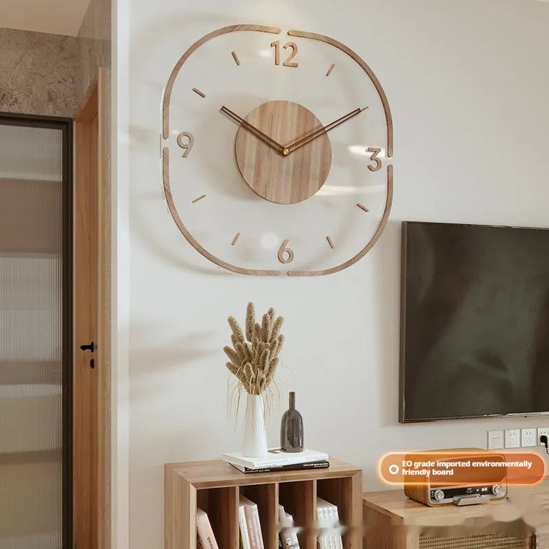 Modern transparent wooden frame wall clock with 35cm square dimensions for living room or office