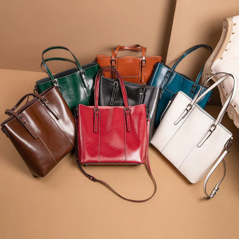 Genuine leather women's retro shoulder bag in horizontal square shape with three shoulder straps