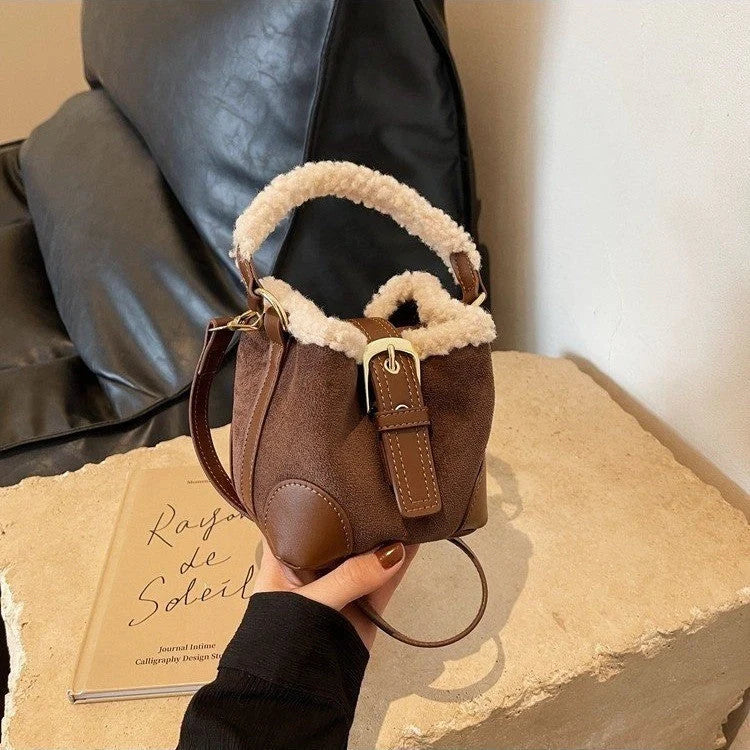 Retro plush crossbody bag for women in black, brown, coffee, and khaki