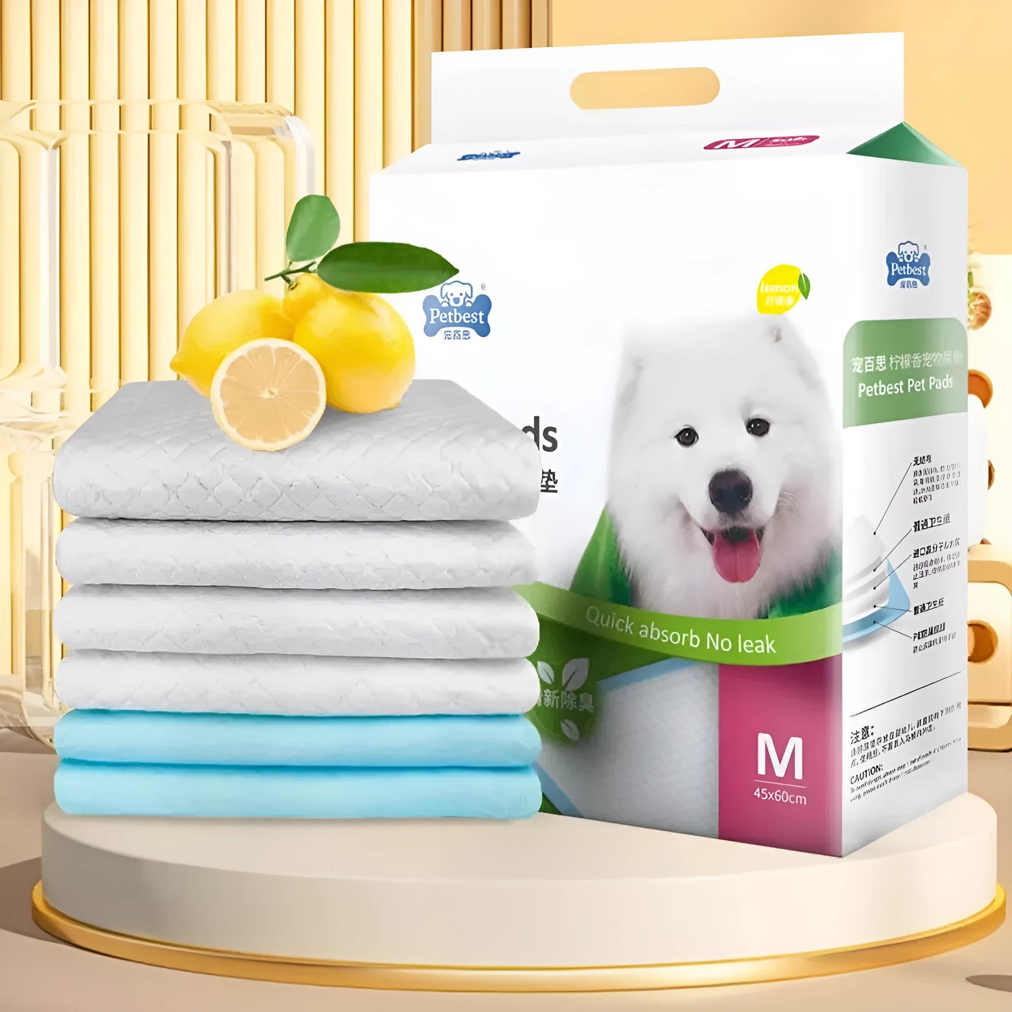 Pack of disposable thickened dog urine pads showing adhesive backing and size comparison of S, M, L, and XL pads.