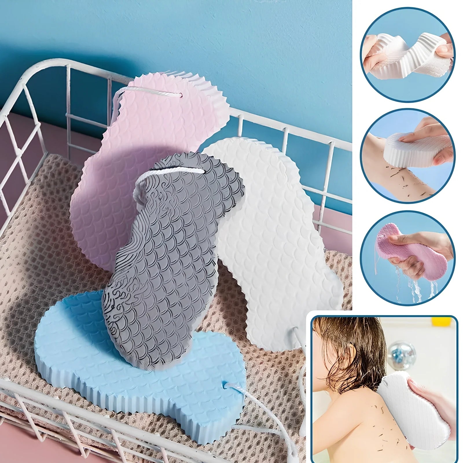 3D fish scale pattern bath sponge for gentle exfoliation and dead skin removal