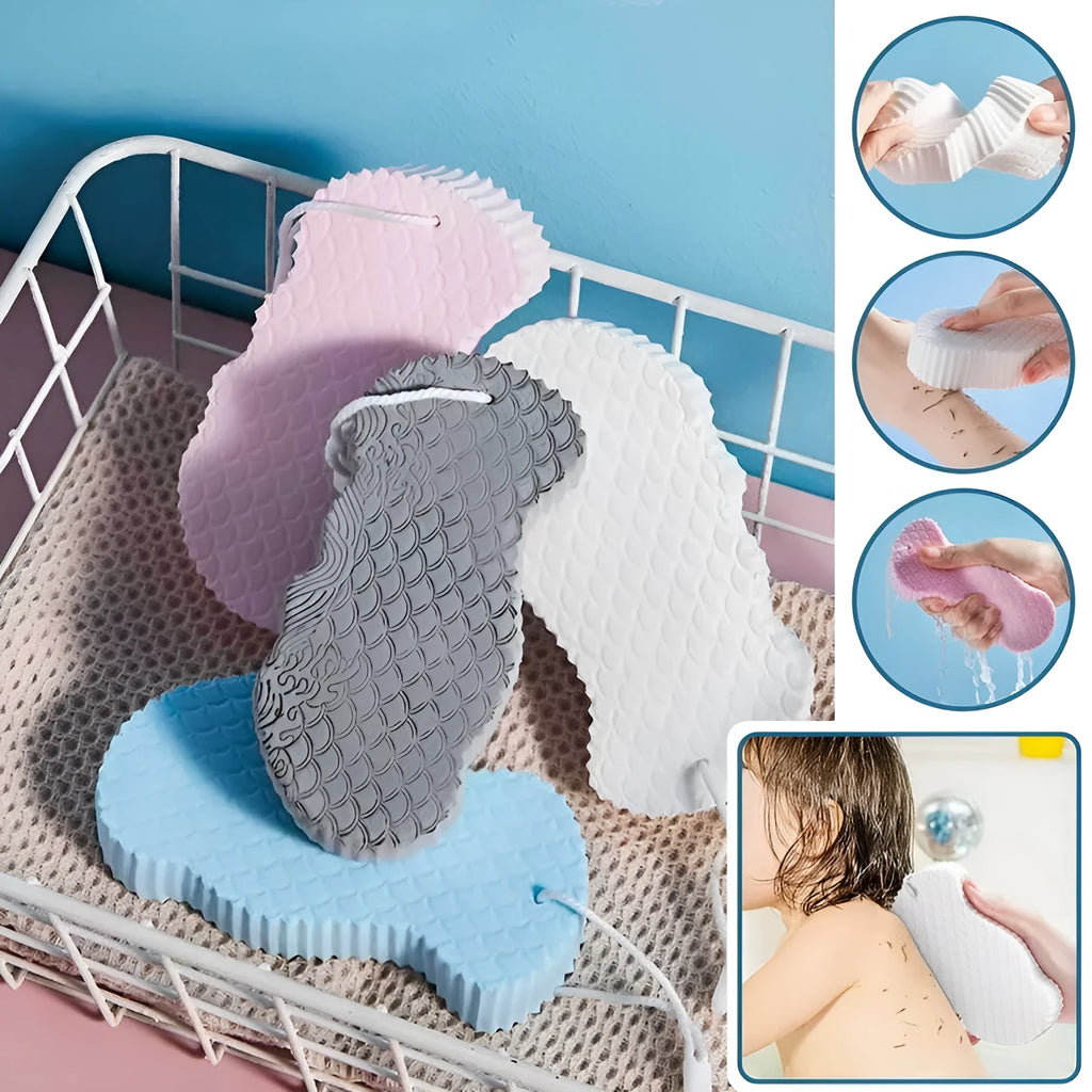 White 3D fish scale pattern bath ball sponge for gentle body exfoliation.