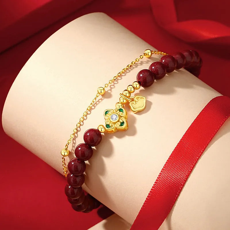 925 Sterling Silver women's bracelet with Ruyi, Xiangyun cloud and cinnabar flower motifs.